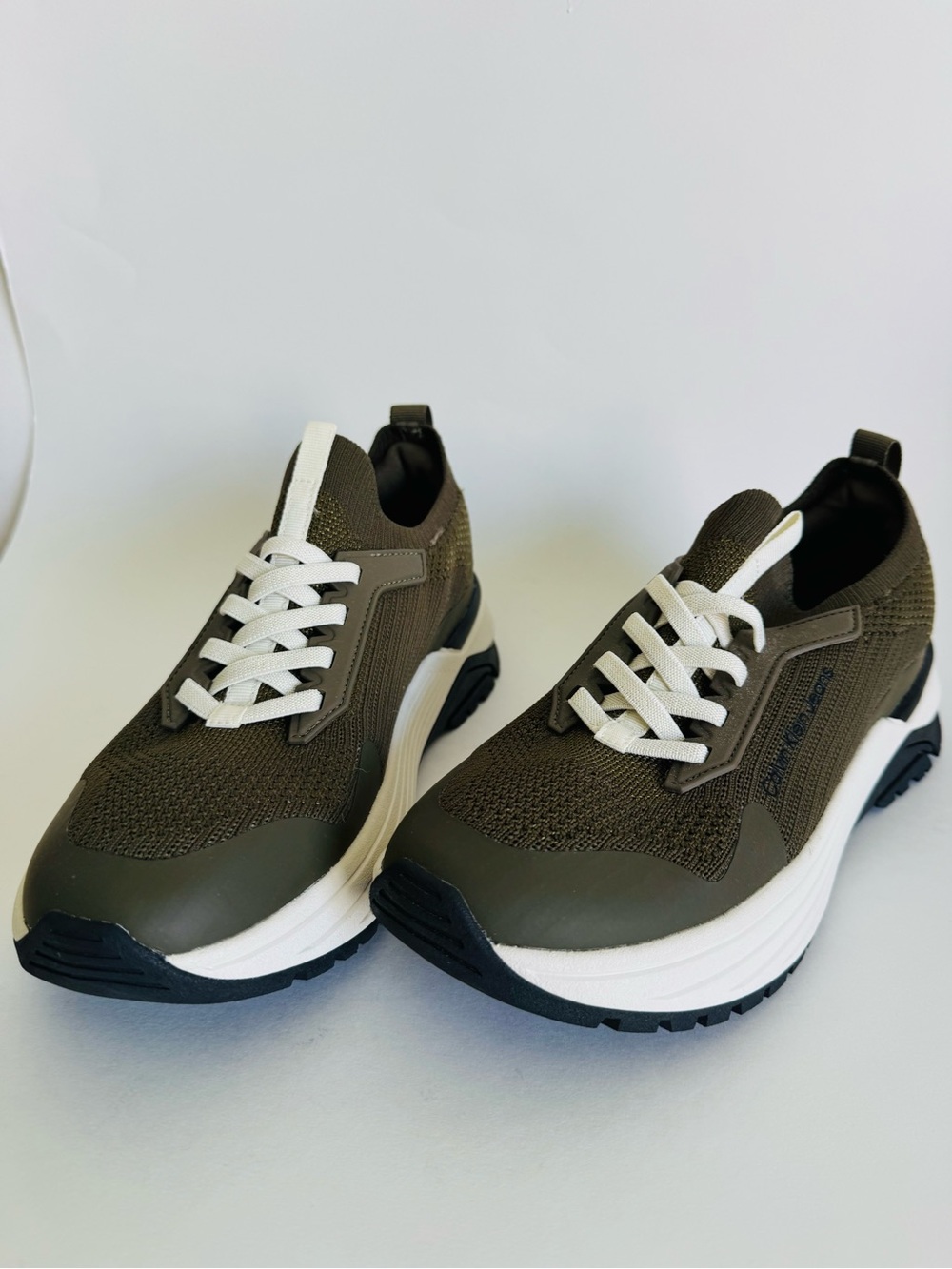 Calvin Klein Olive Green Knit Lace-Up Athletic Sneakers with White Sole